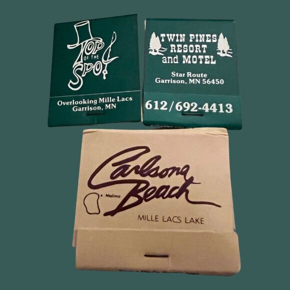 3 Mille Lacs Lakes Resturant Matchbook Twin Pins Carlsona Top Spot Unstruck - Picture 1 of 2